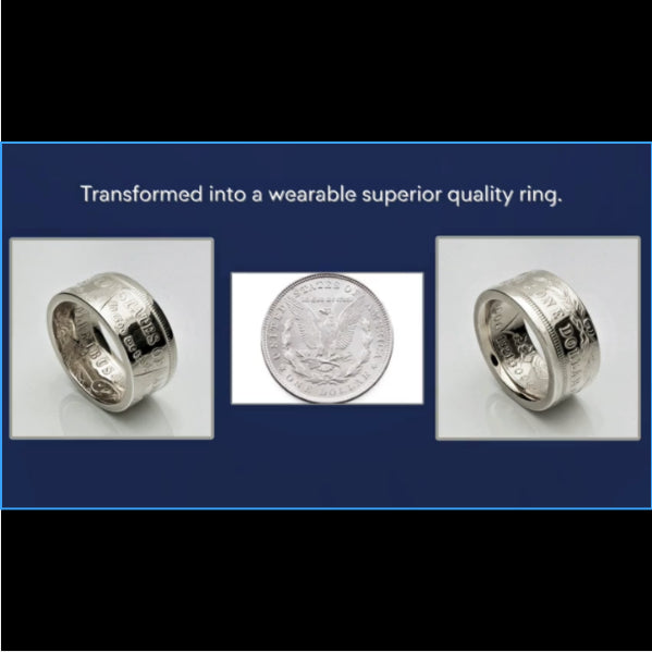 Still video image of a Silver Morgan Dollar Coin and Silver Dollar Coin Ring