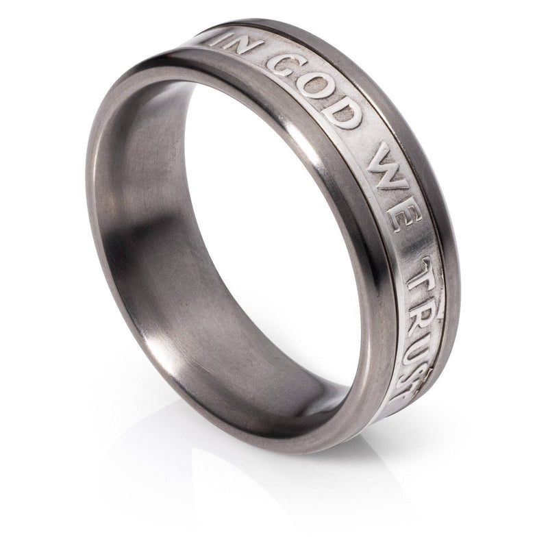 Titanium ring with In God We Trust silver inlay