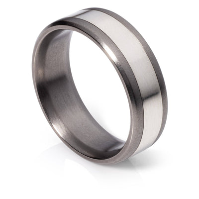 Brushed Titanium Ring with Coin Silver Inlay | Stylish Men's Wedding Band