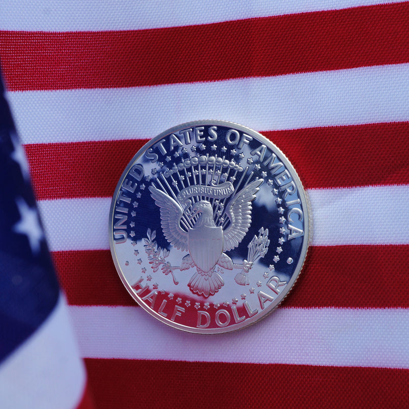 Silver Proof Kennedy Half Dollar Coin With American Flag Reflection