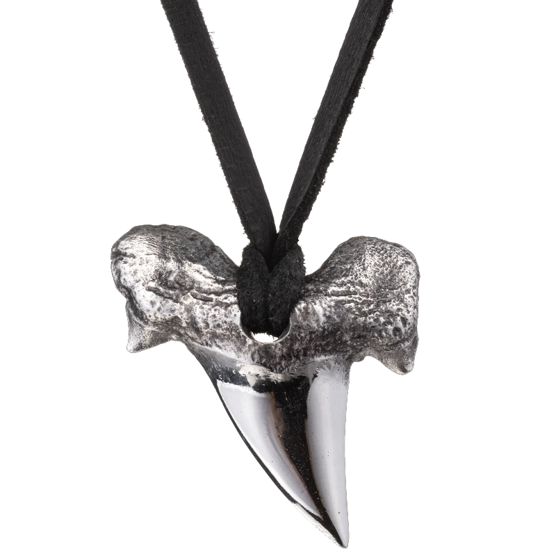 Shark tooth pendant created from 90% silver with black deerskin leather necklace